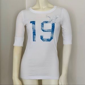 American Eagle Y2K white blue varsity number graphic sporty embroidered Elena G